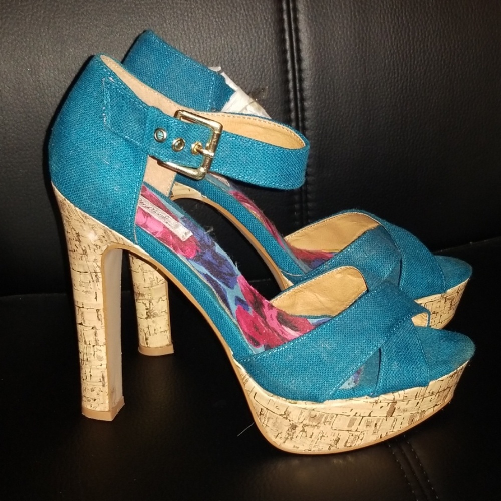 Blue open toe cork heels